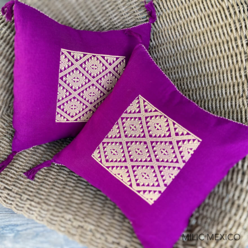 Funda cojín cuadrado morado/beige (par)