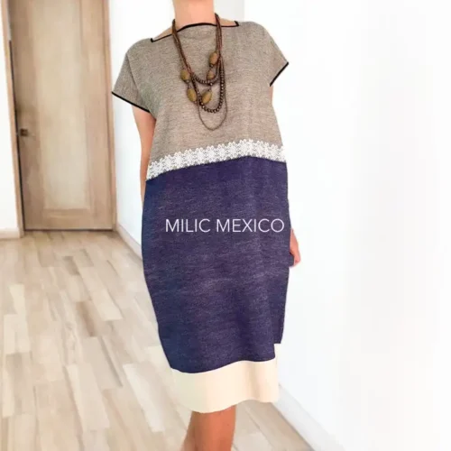 Huipil Cuadro azul/beige - G