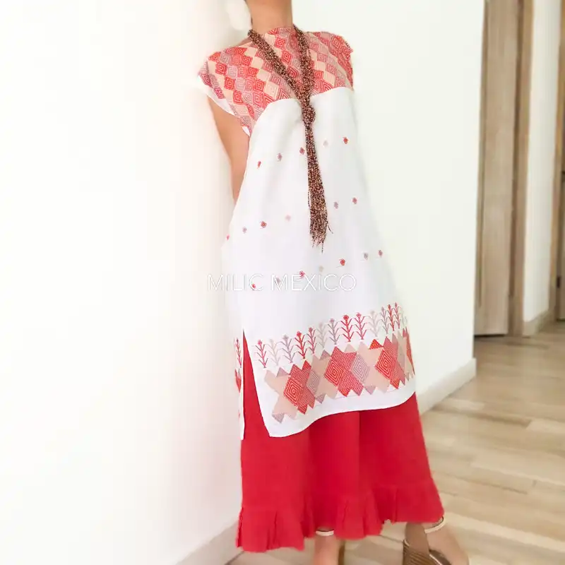 Huipil Carranza Corto blanco/coral - M - Imagen 4