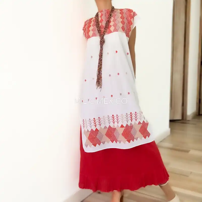 Huipil Carranza Corto blanco/coral - M - Imagen 2