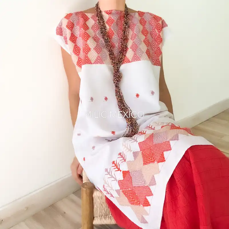 Huipil Carranza Corto blanco/coral - M