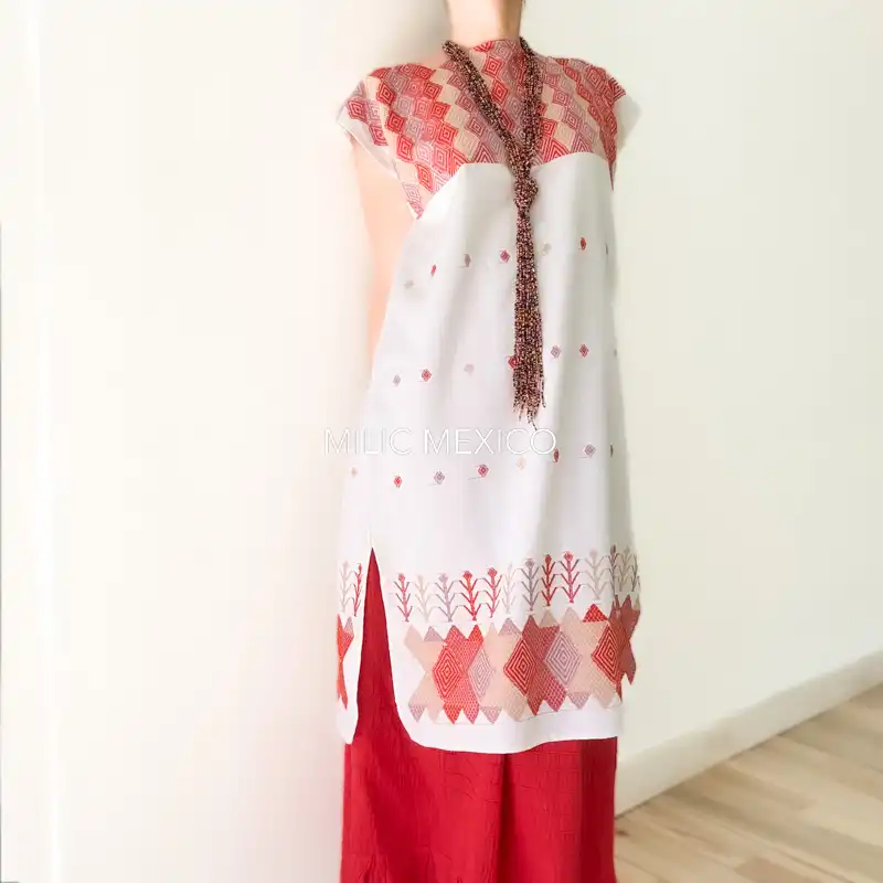 Huipil Carranza Corto blanco/coral - M - Imagen 3