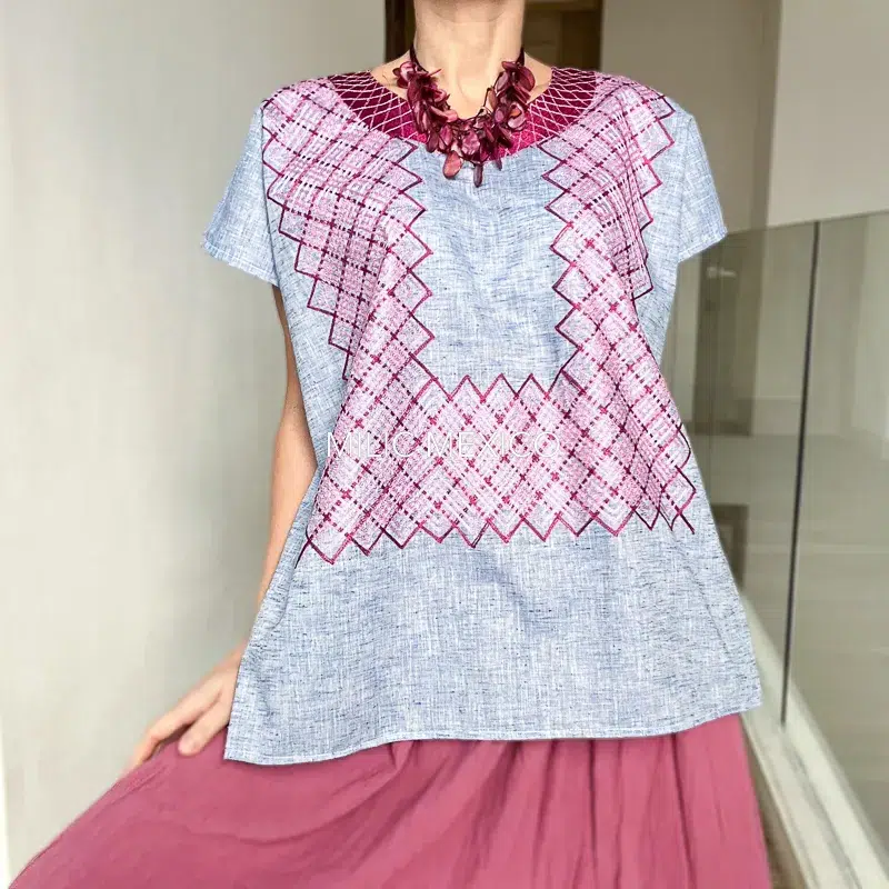 Blusa Cadenilla lino cielo/rosa - XG