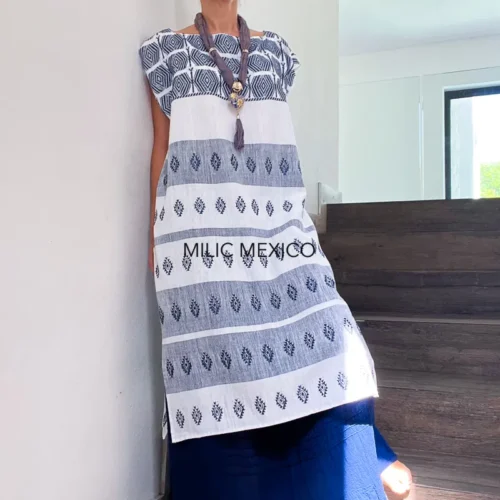 Huipil Carranza Corto blanco/marino - M