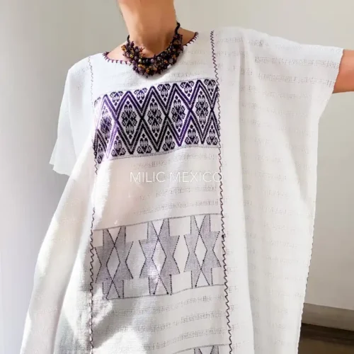 Huipil San Juan Cotzocón 3 lienzos blanco/morado- 3XG