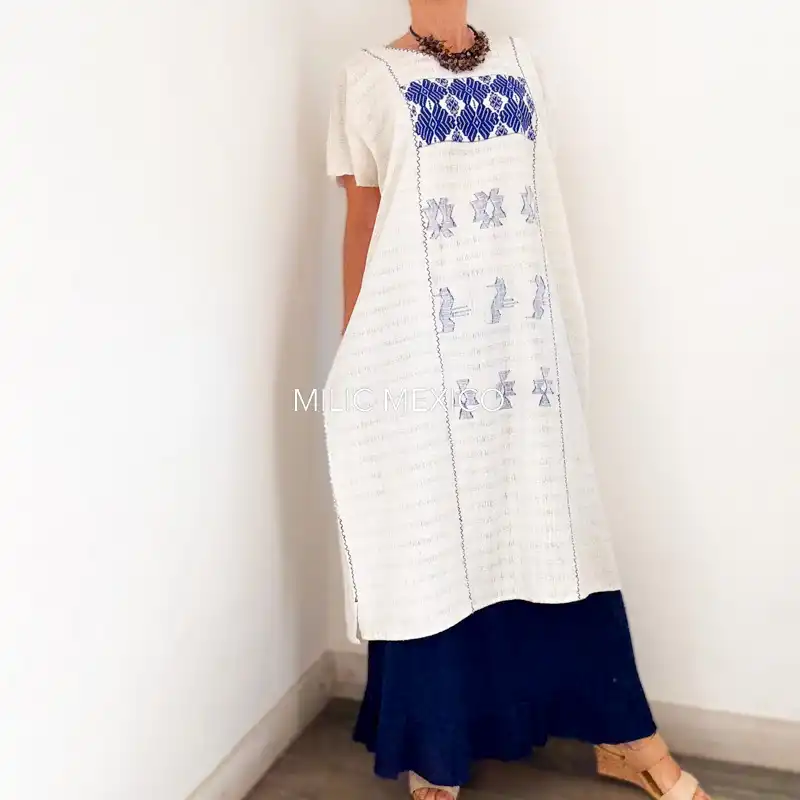 Huipil San Juan Cotzocón 3 lienzos blanco/azul - 2XG - Imagen 6