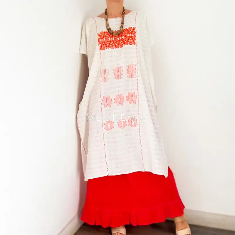 Huipil San Juan Cotzocón 3 lienzos blanco/naranja- 2XG - Imagen 2