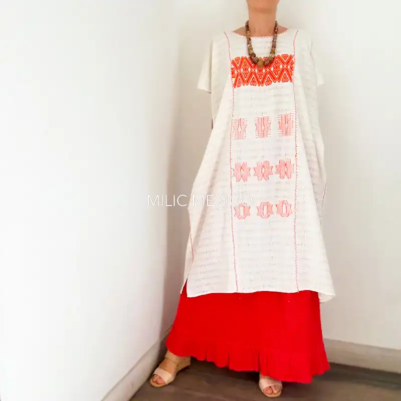 Huipil San Juan Cotzocón 3 lienzos blanco/naranja- 2XG - Imagen 4