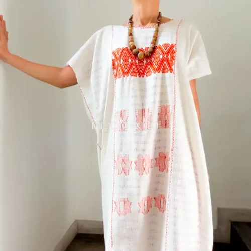 Huipil San Juan Cotzocón 3 lienzos blanco/naranja- 2XG