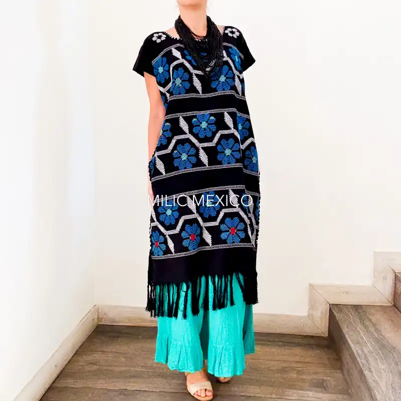 Huipil San Juan Cotzocón flores negro- G - Imagen 3