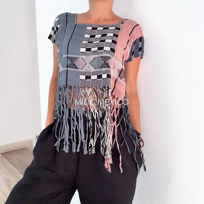 Blusa Zinancantán Torera rosa/negro - M