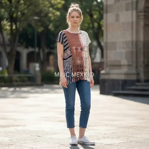 Blusa Zinancantán Torera blanco/café - M