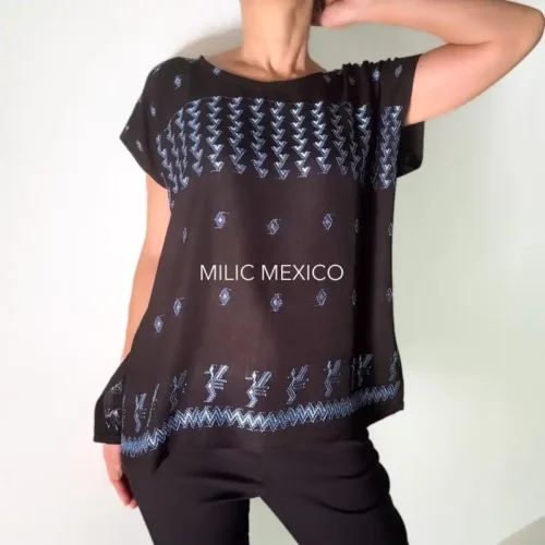 Blusa Carranza rayón negro/cielo- G