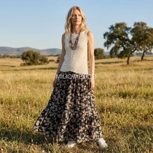 Falda Guichicovi algodón estampado negro/rosa - Unitalla