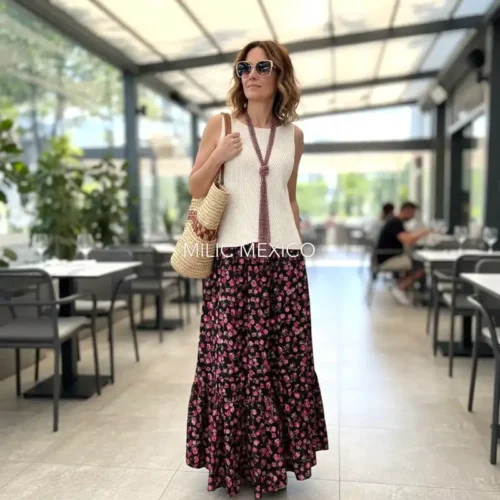 Falda Guichicovi algodón estampado negro/rojo - Unitalla