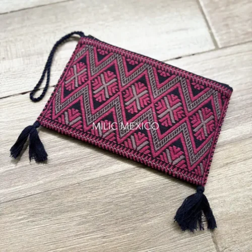 Bolsa de Telar con forro y Pompones negro/rosa/tostado