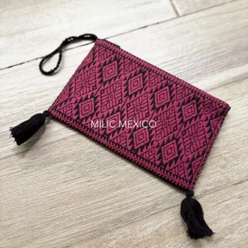 Bolsa de Telar con forro y Pompones negro/rosa