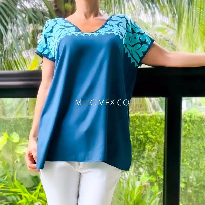 Blusa Jalapa cuello bordado azul esmeralda - G - Imagen 3