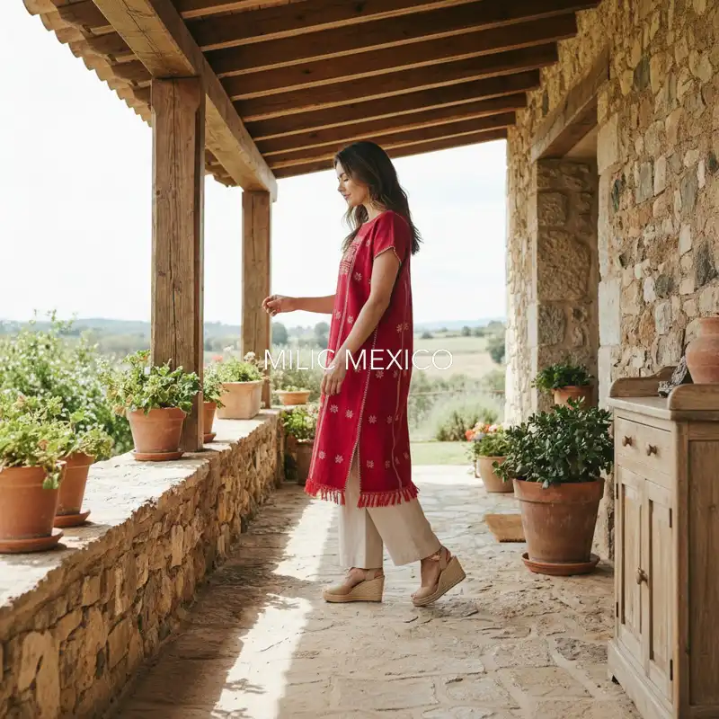 Huipil Amuzgo un lienzo rojo/beige - G - Imagen 2