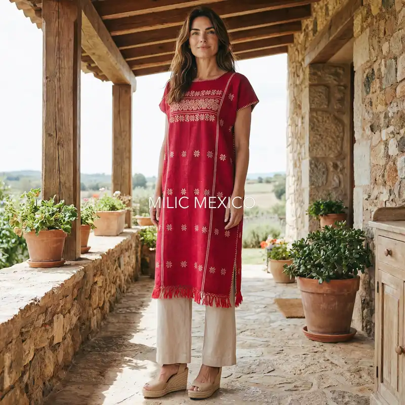 Huipil Amuzgo un lienzo rojo/beige - G