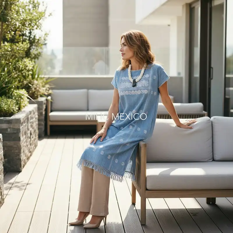 Huipil Amuzgo un lienzo cielo/blanco - G - Imagen 3