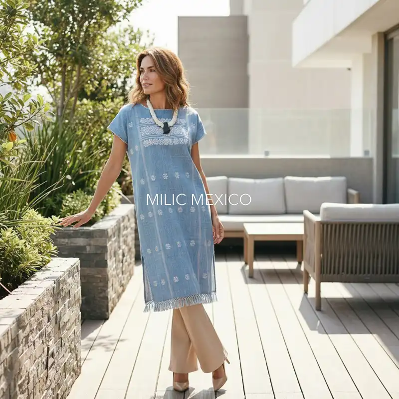 Huipil Amuzgo un lienzo cielo/blanco - G - Imagen 2