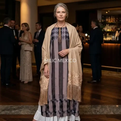 Huipil Carranza Largo negro/beige - Unitalla