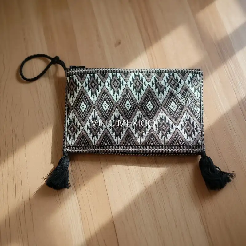 Bolsa de Telar con forro y Pompones negro/beige