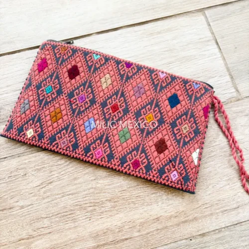 Bolsa de Telar con forro y Pompones azul/rosa