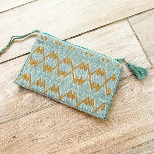 Bolsa de Telar con forro y Pompones verde/mostaza