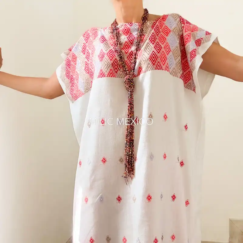 Huipil Carranza Largo blanco/coral - Unitalla - Imagen 7