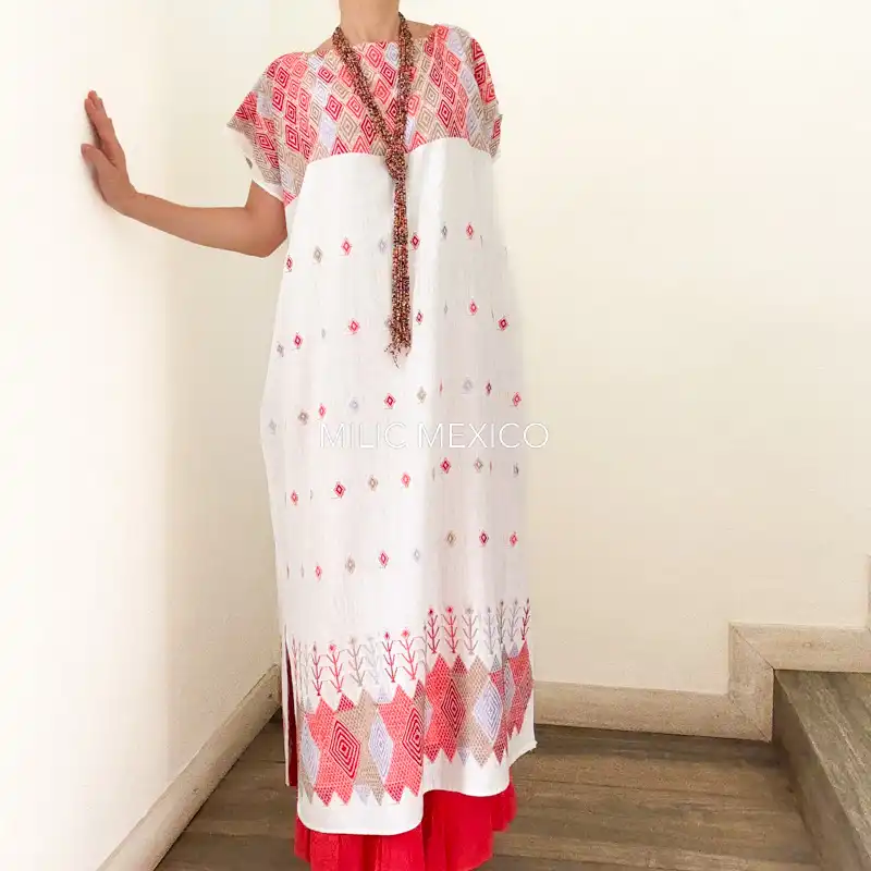 Huipil Carranza Largo blanco/coral - Unitalla - Imagen 6