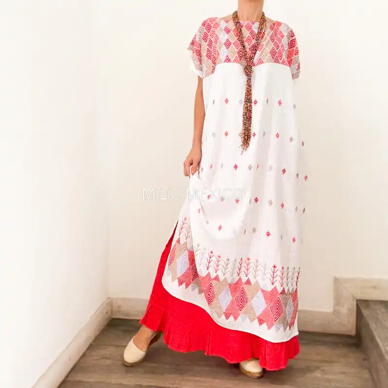 Huipil Carranza Largo blanco/coral - Unitalla - Imagen 5