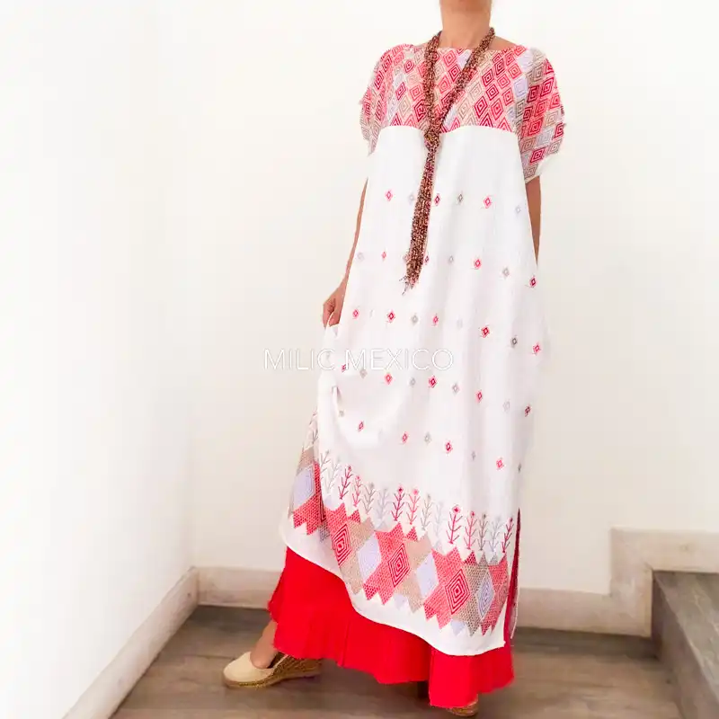 Huipil Carranza Largo blanco/coral - Unitalla - Imagen 4