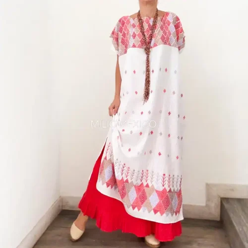 Huipil Carranza Largo blanco/coral - Unitalla