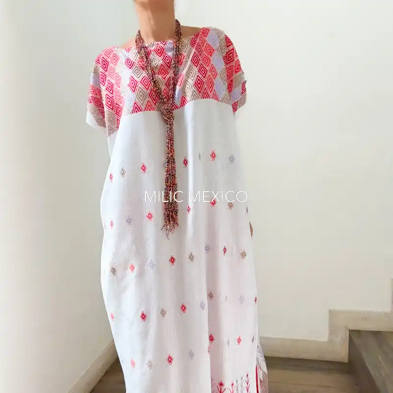 Huipil Carranza Largo blanco/coral - Unitalla - Imagen 2