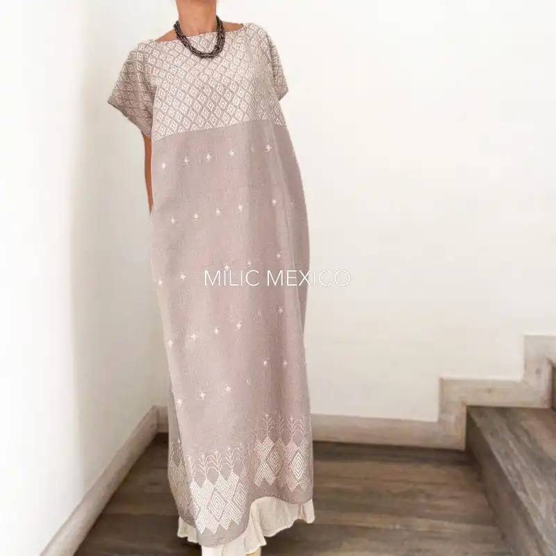 Huipil Carranza Largo gris taupe - Unitalla - Imagen 5