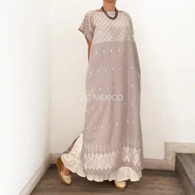 Huipil Carranza Largo gris taupe - Unitalla - Imagen 4