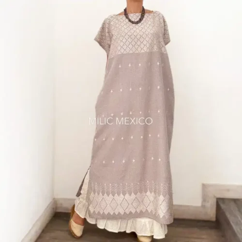 Huipil Carranza Largo gris taupe - Unitalla