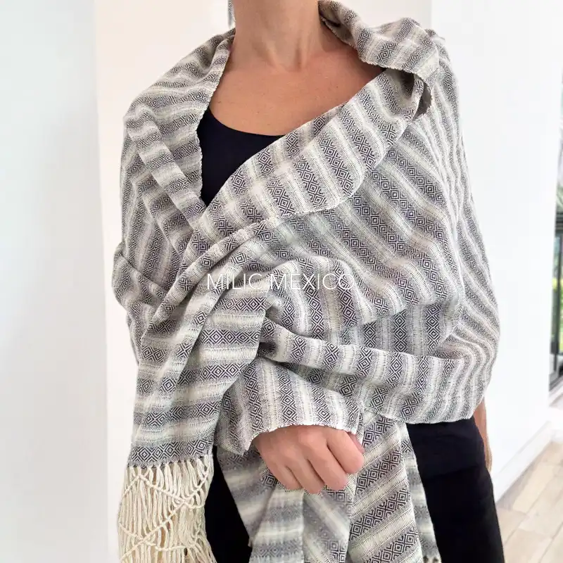 Rebozo deshilado Mitla blanco/negro - Imagen 3