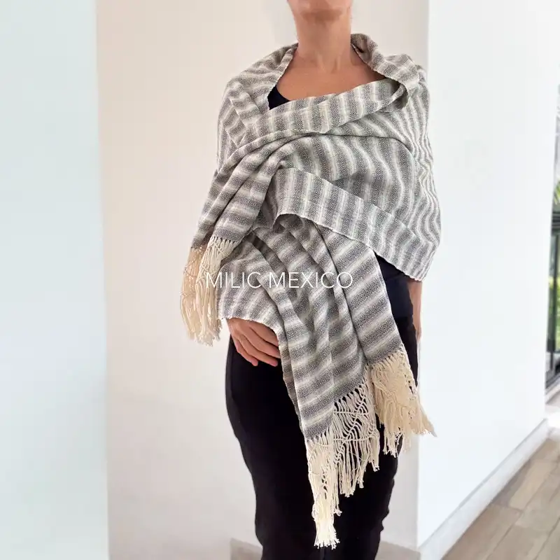 Rebozo deshilado Mitla blanco/negro - Imagen 2
