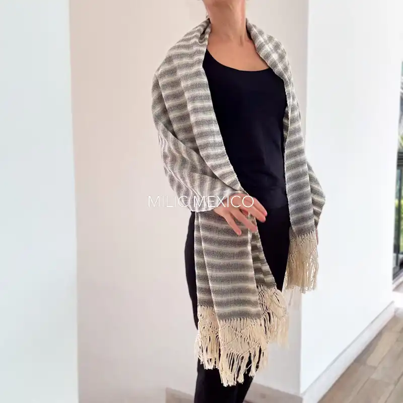Rebozo deshilado Mitla blanco/negro - Imagen 5