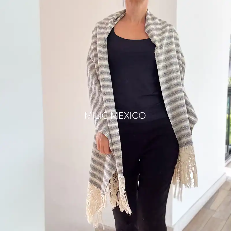 Rebozo deshilado Mitla blanco/negro - Imagen 4