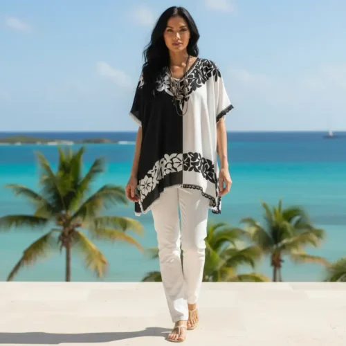 Blusón Jalapa de Díaz crochet blanco/negro - Unitalla curvy