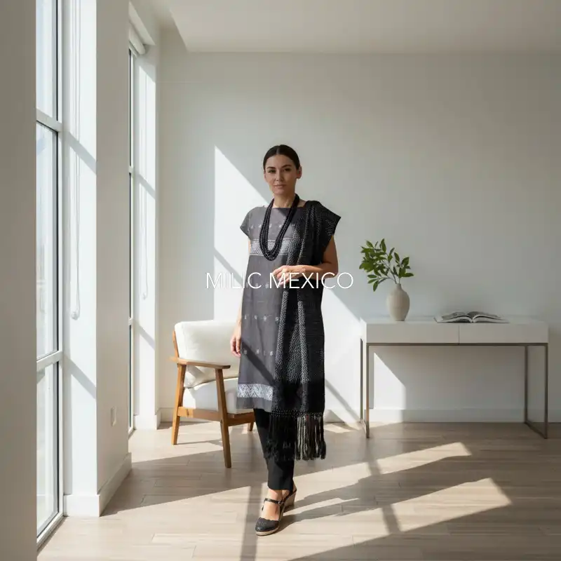 Huipil Carranza Corto gris obscuro - M - Imagen 9