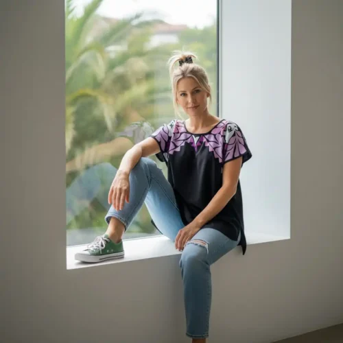 Blusa Jalapa cuello bordado negro/lilas - XG