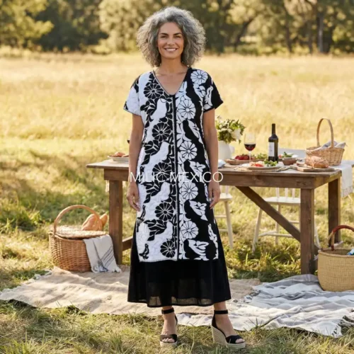 Huipil Jalapa de Díaz 2 lienzos negro/blanco - Unitalla