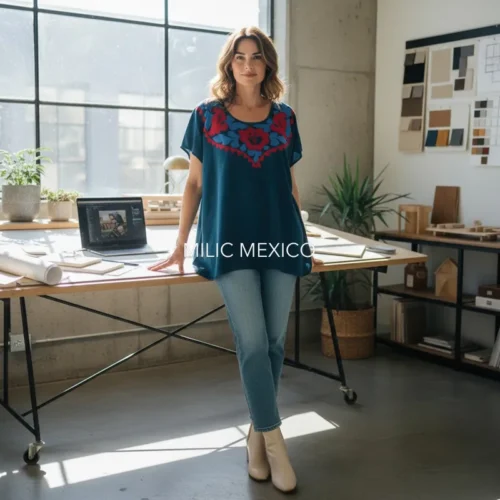 Blusa Jalapa cuello bordado azul - XG